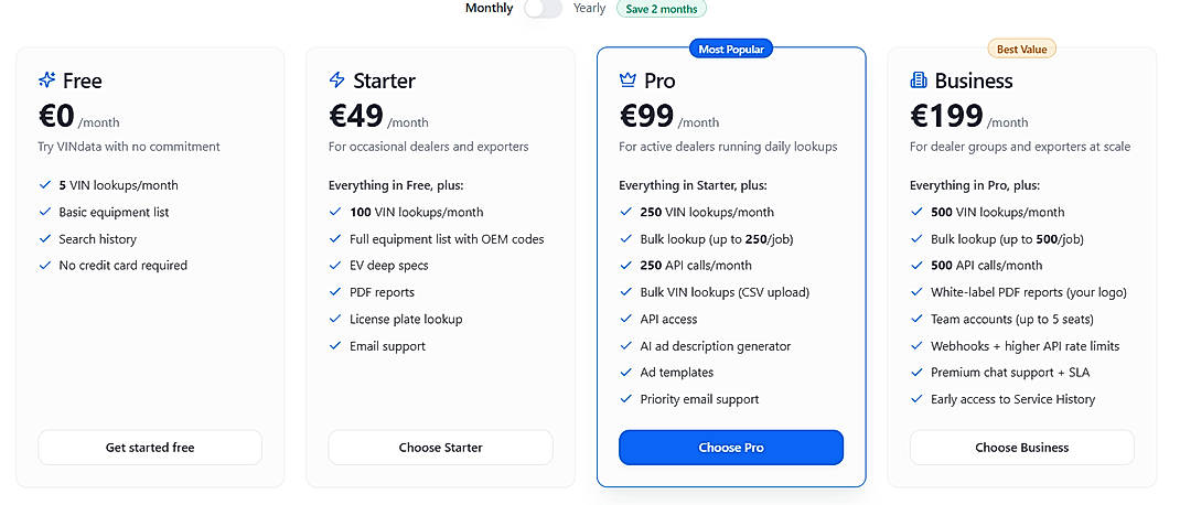 Pricing screenshot