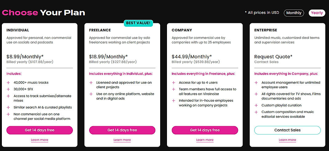 Pricing screenshot