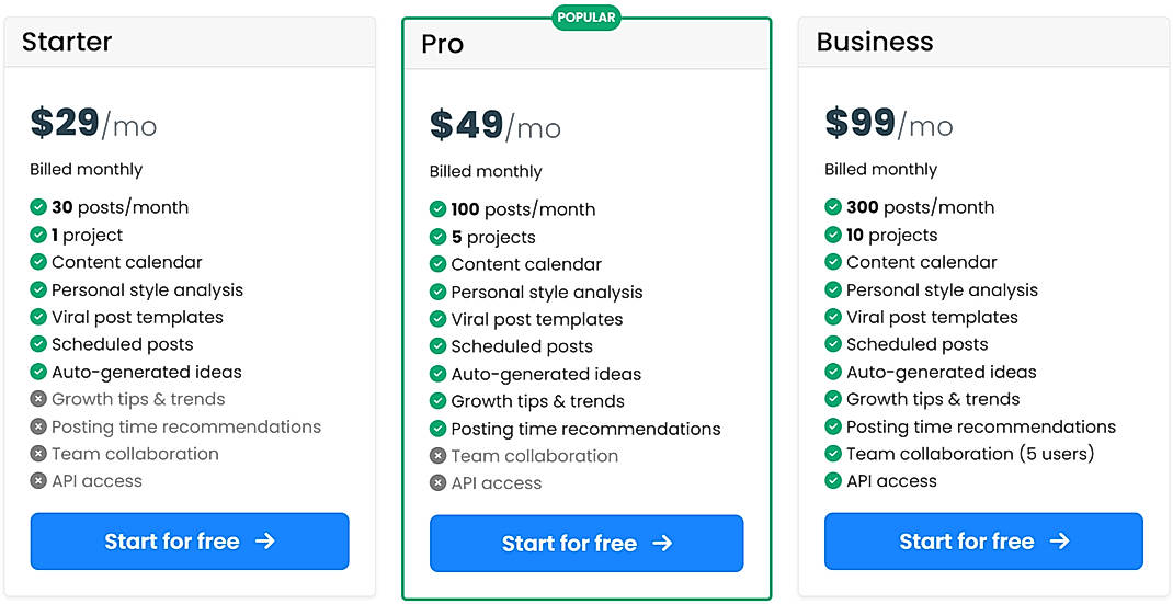 Pricing screenshot