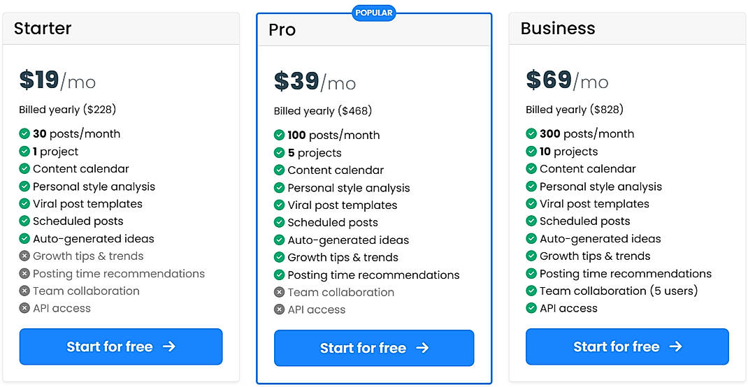 Pricing screenshot