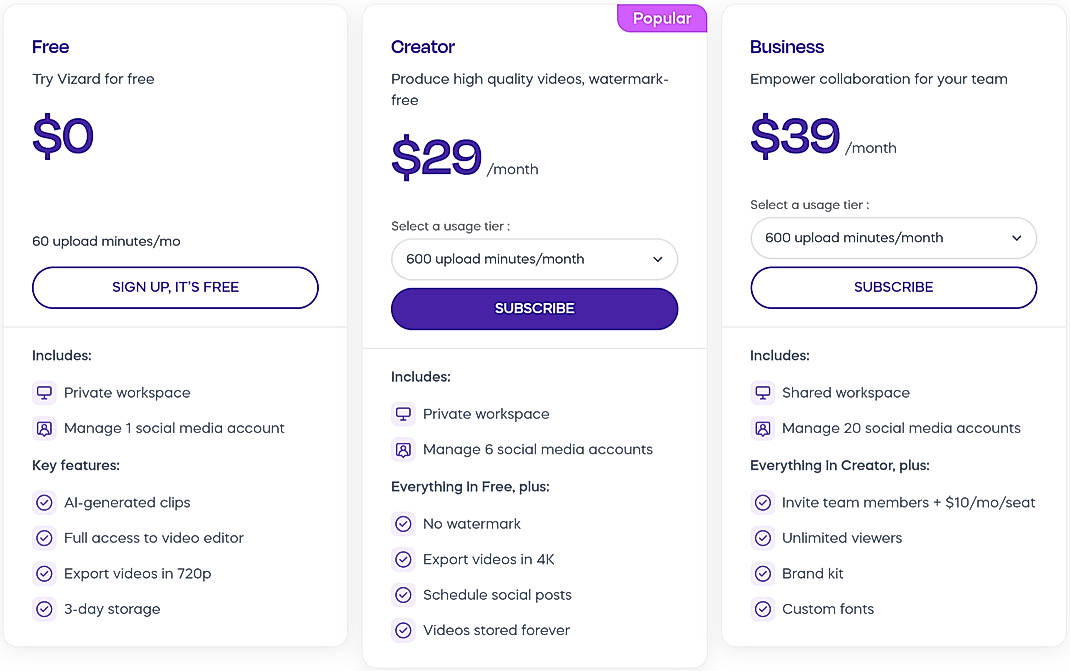 Pricing screenshot