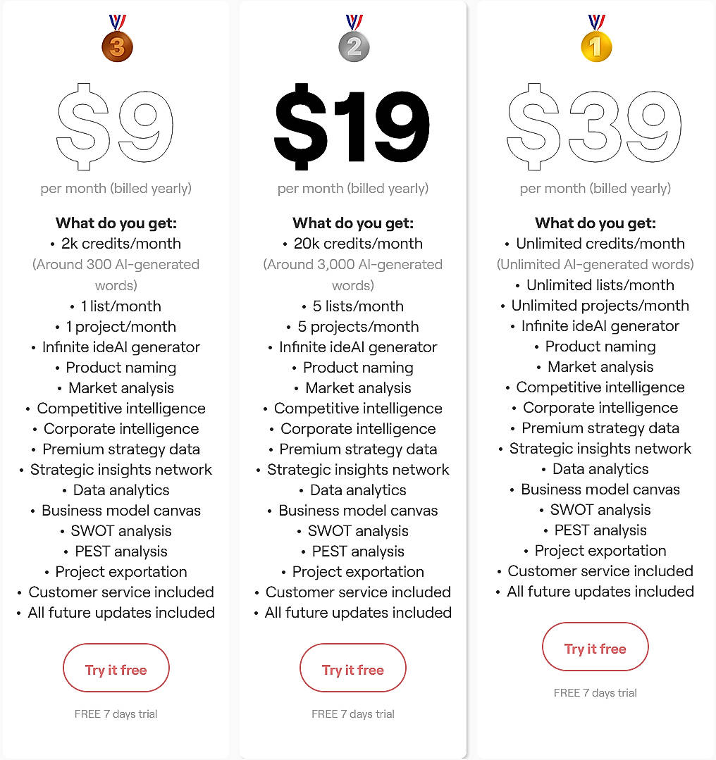 Pricing screenshot