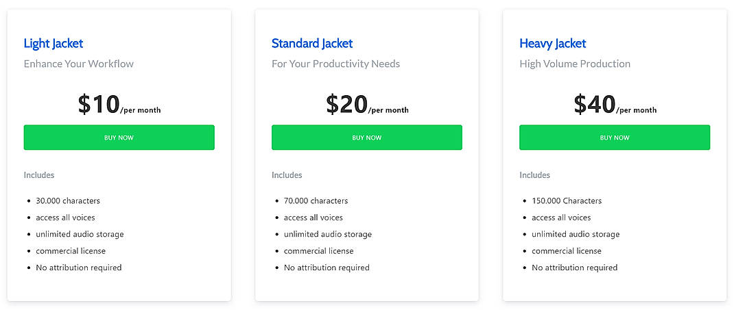 Pricing screenshot