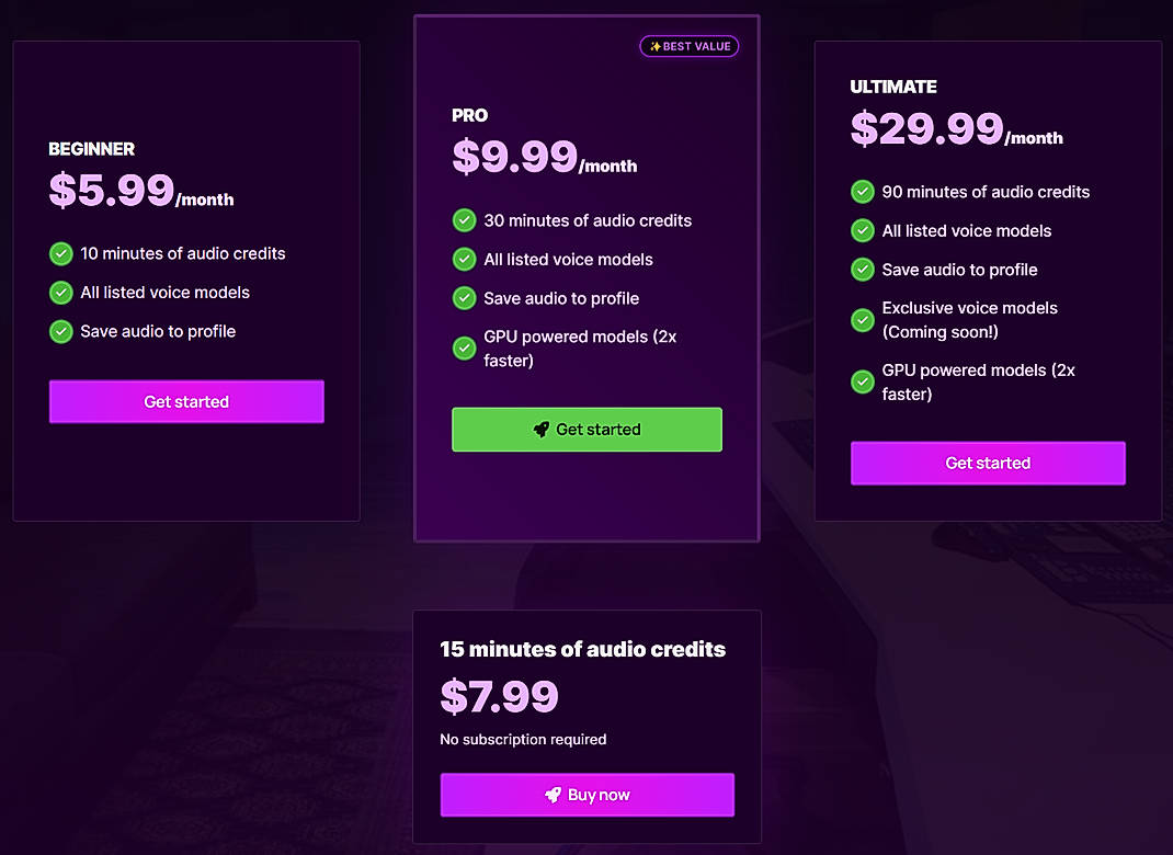 Pricing screenshot
