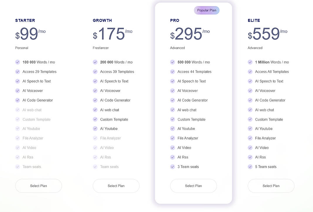 Pricing screenshot