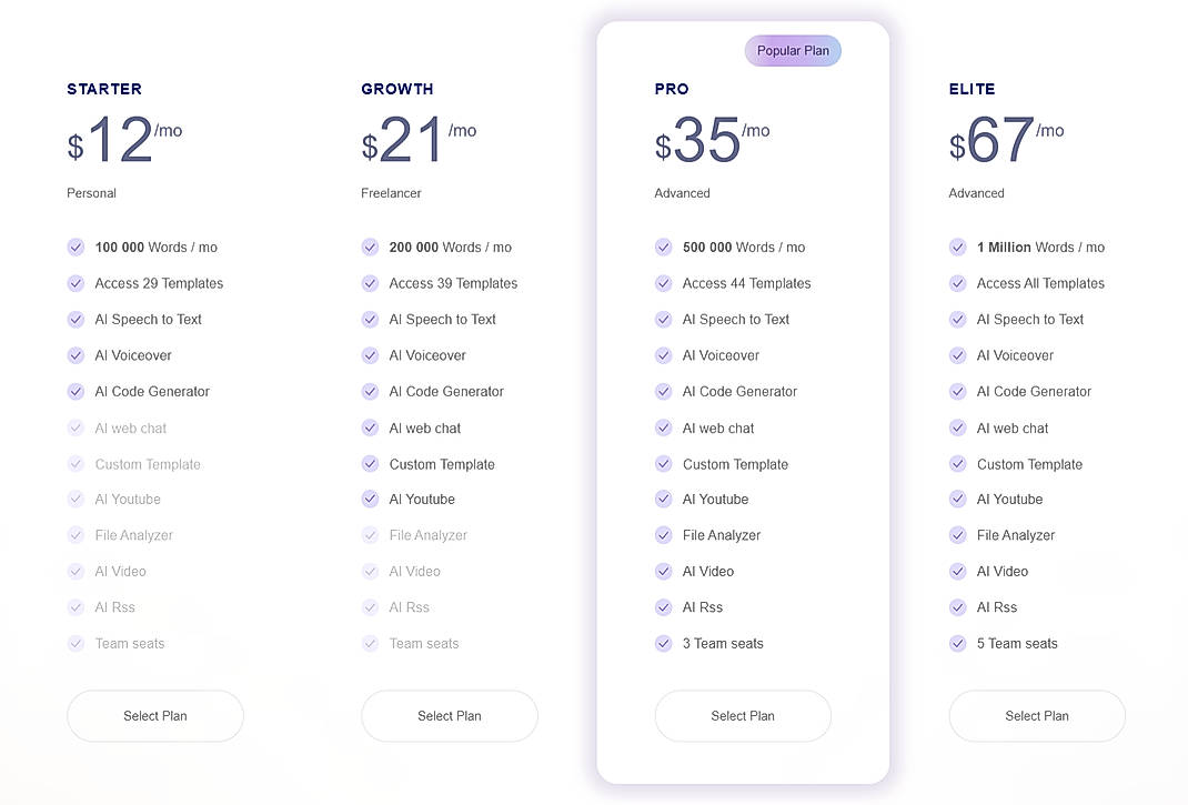 Pricing screenshot