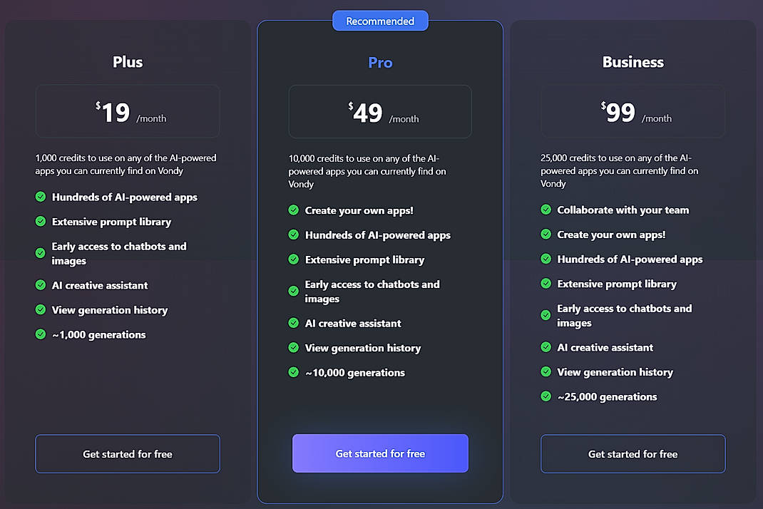 Pricing screenshot