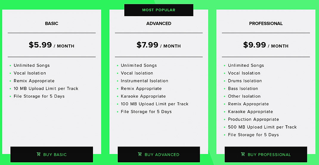 Pricing screenshot