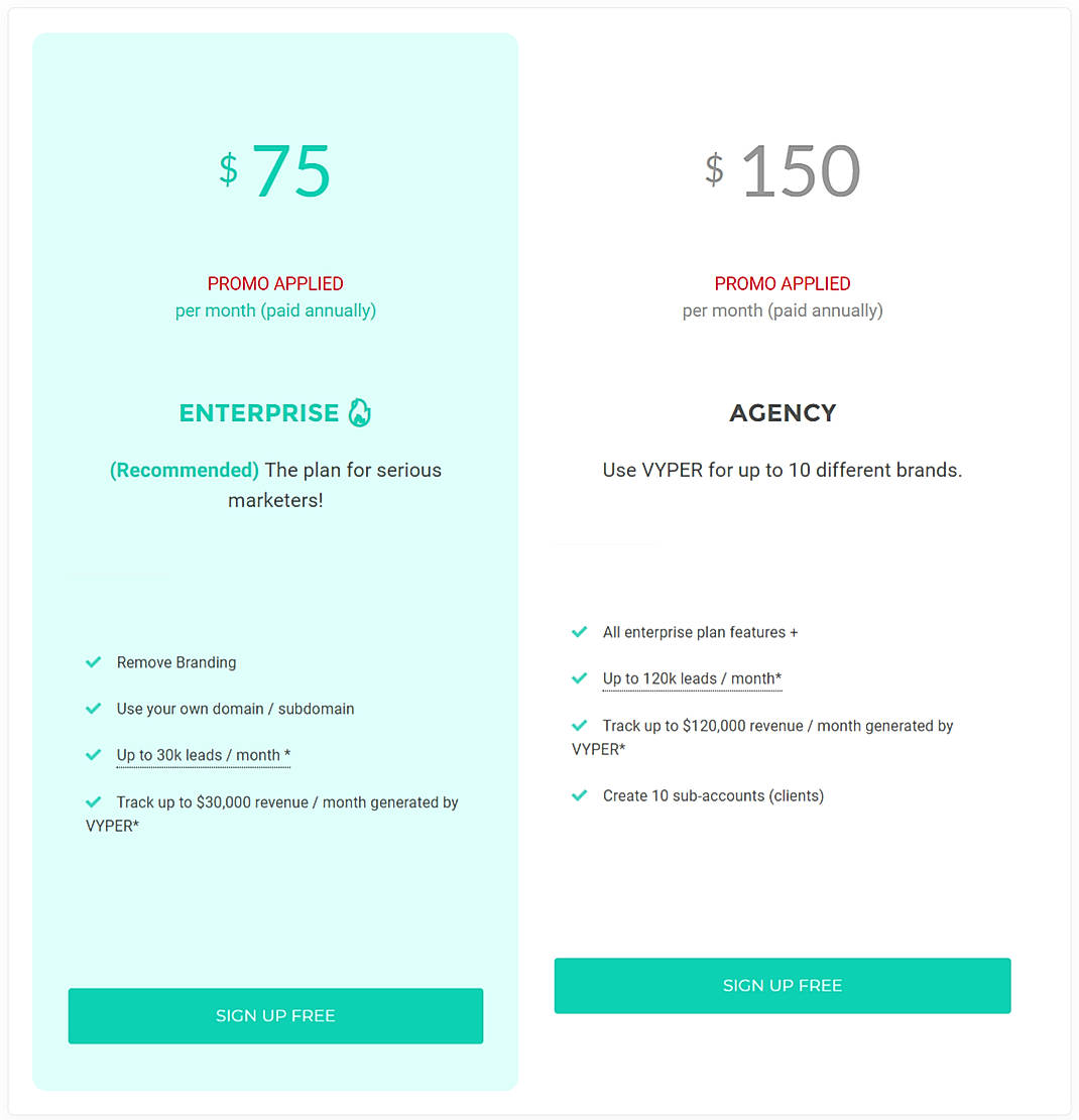 Pricing screenshot