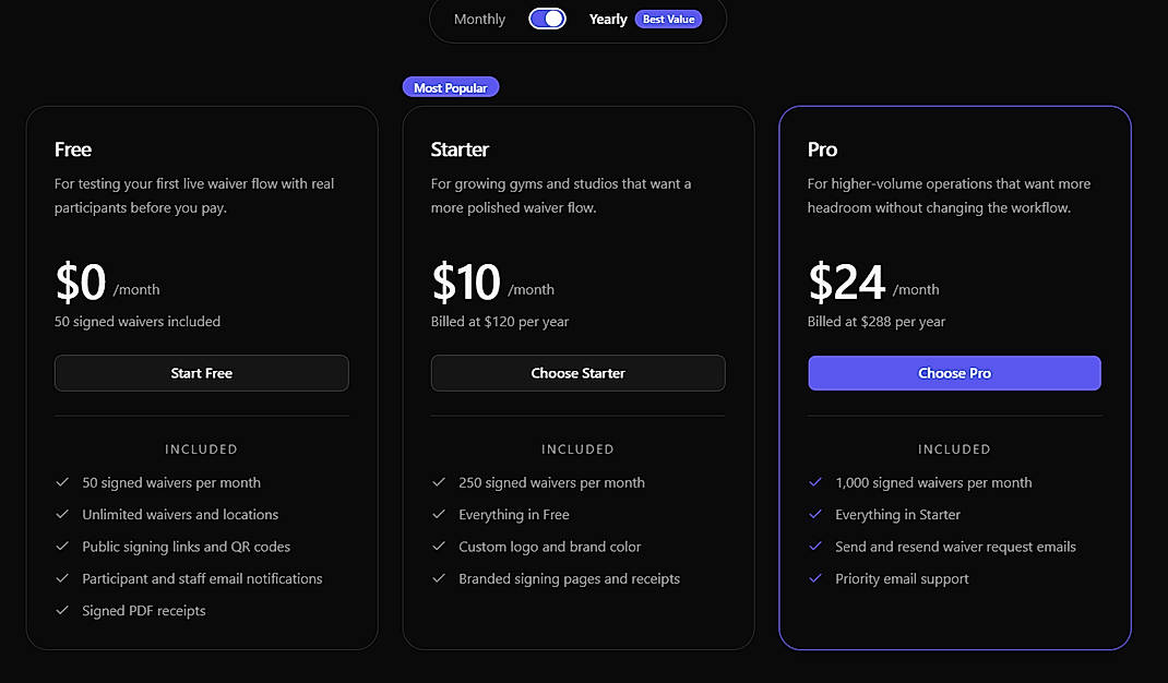 Pricing screenshot