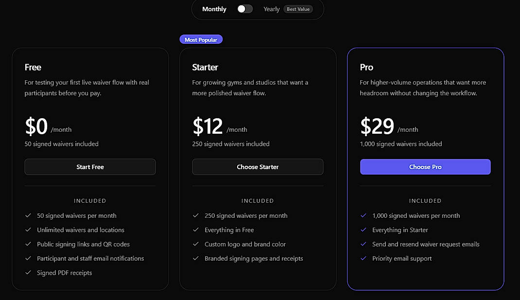 Pricing screenshot
