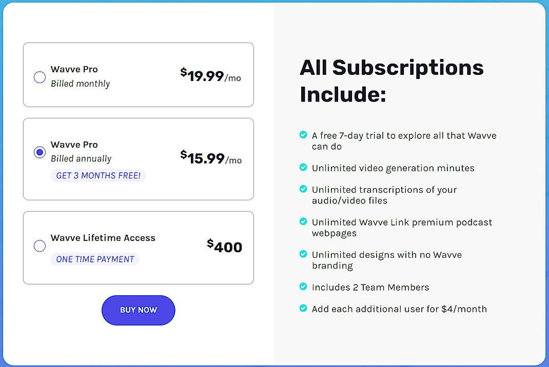 Pricing screenshot