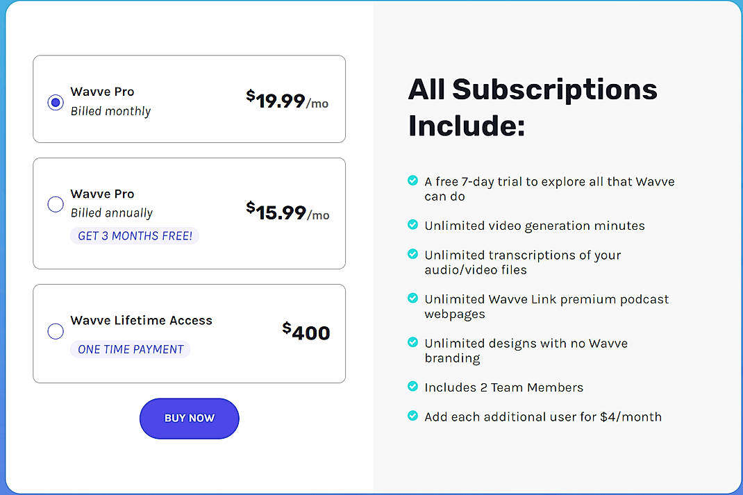 Pricing screenshot