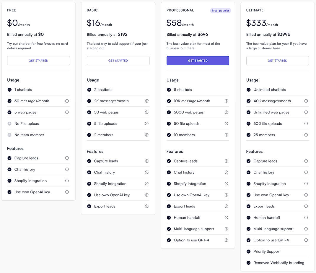 Pricing screenshot