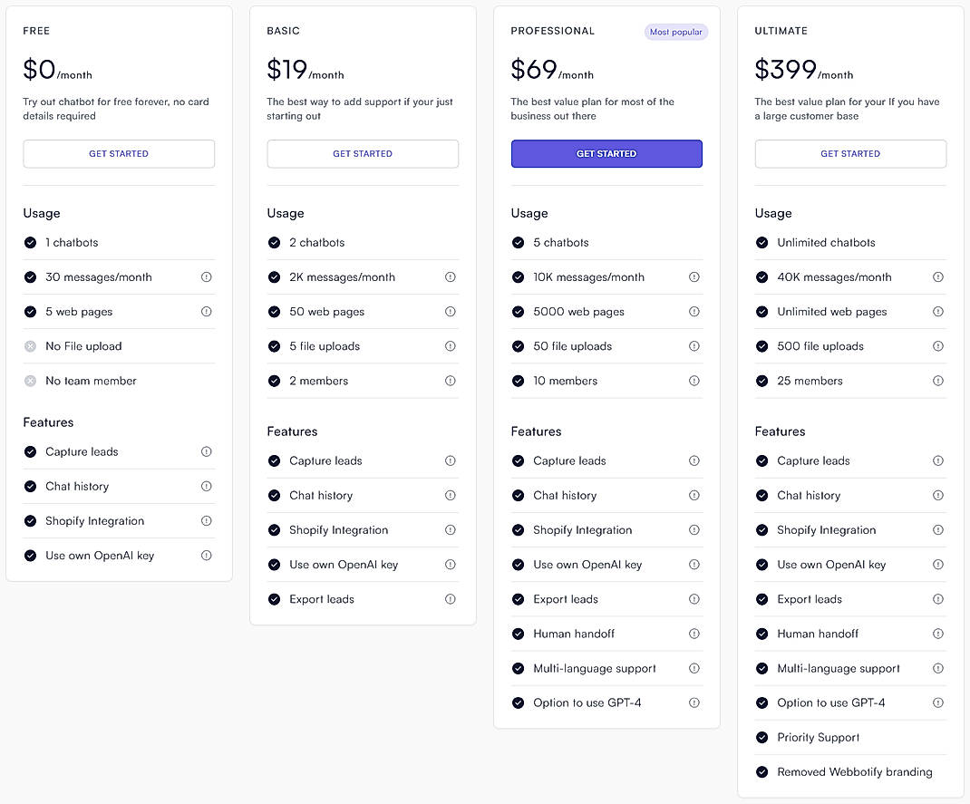Pricing screenshot