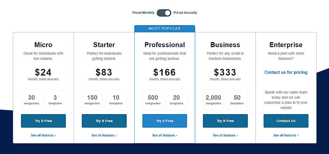 Pricing screenshot