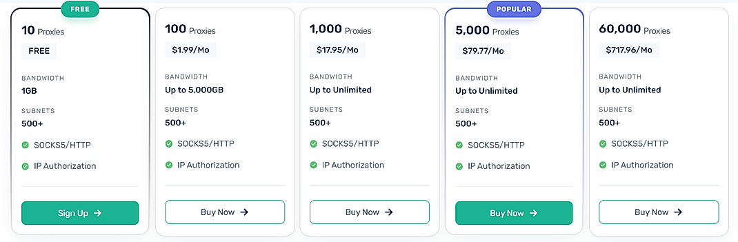 Pricing screenshot