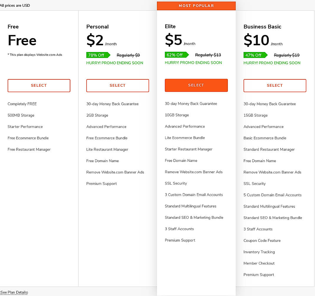 Pricing screenshot