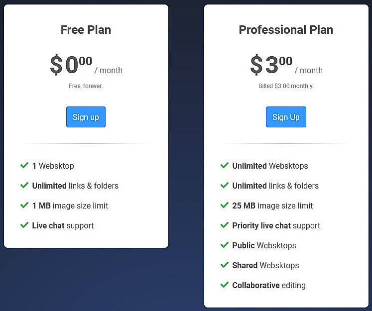 Pricing screenshot