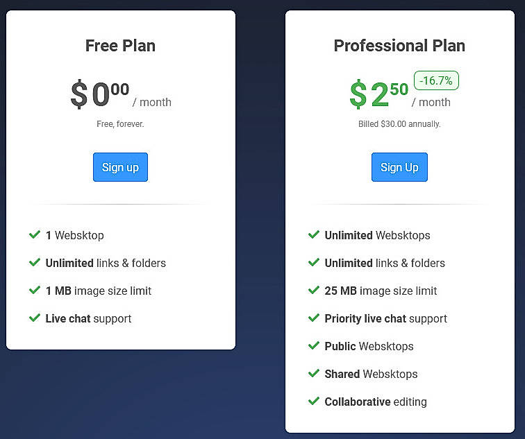 Pricing screenshot