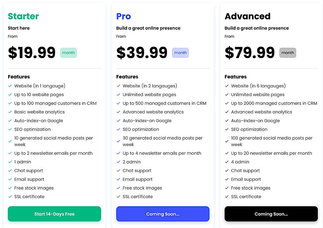 Pricing screenshot