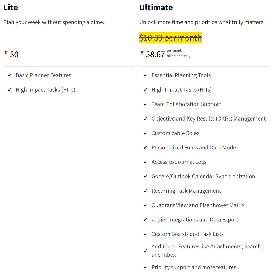Pricing screenshot