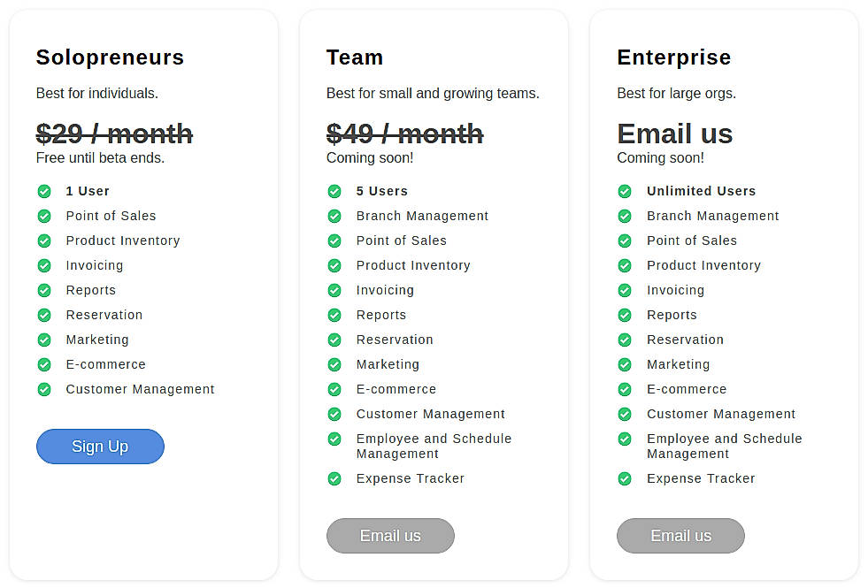 Pricing screenshot