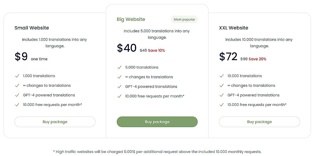Pricing screenshot