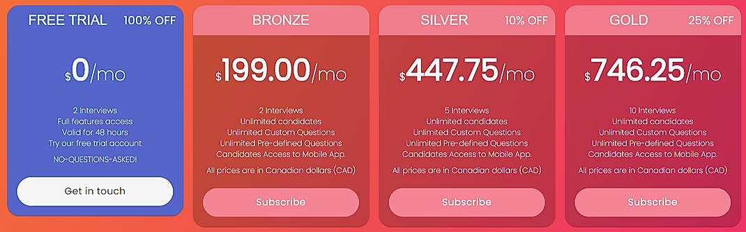 Pricing screenshot