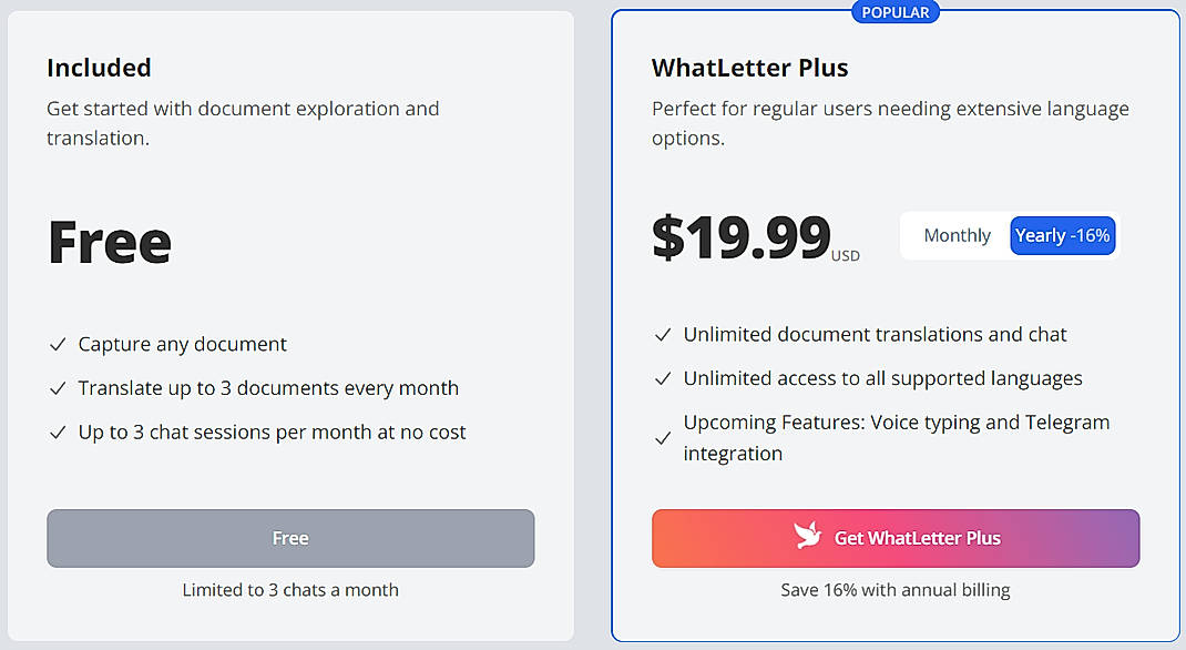 Pricing screenshot