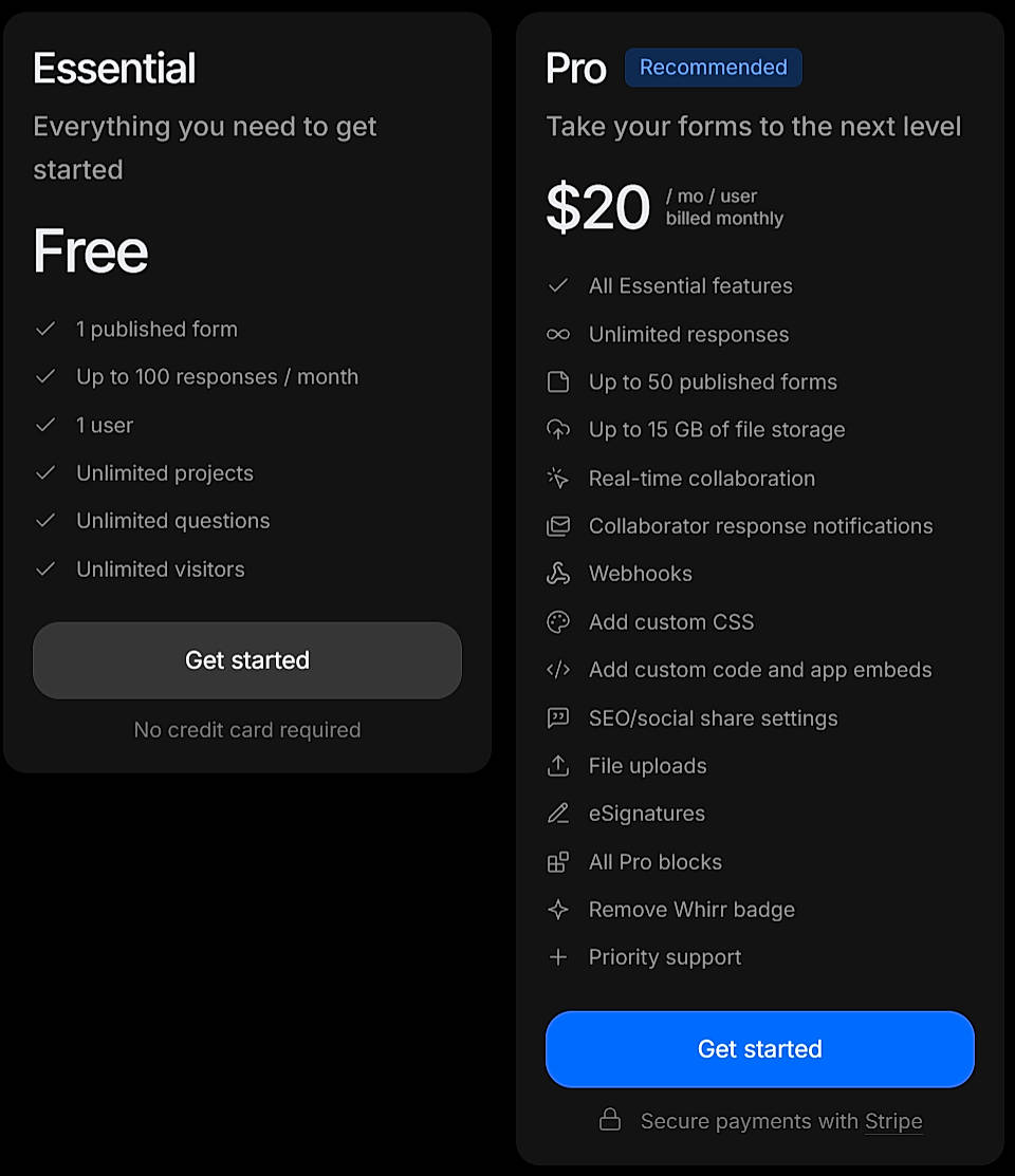 Pricing screenshot