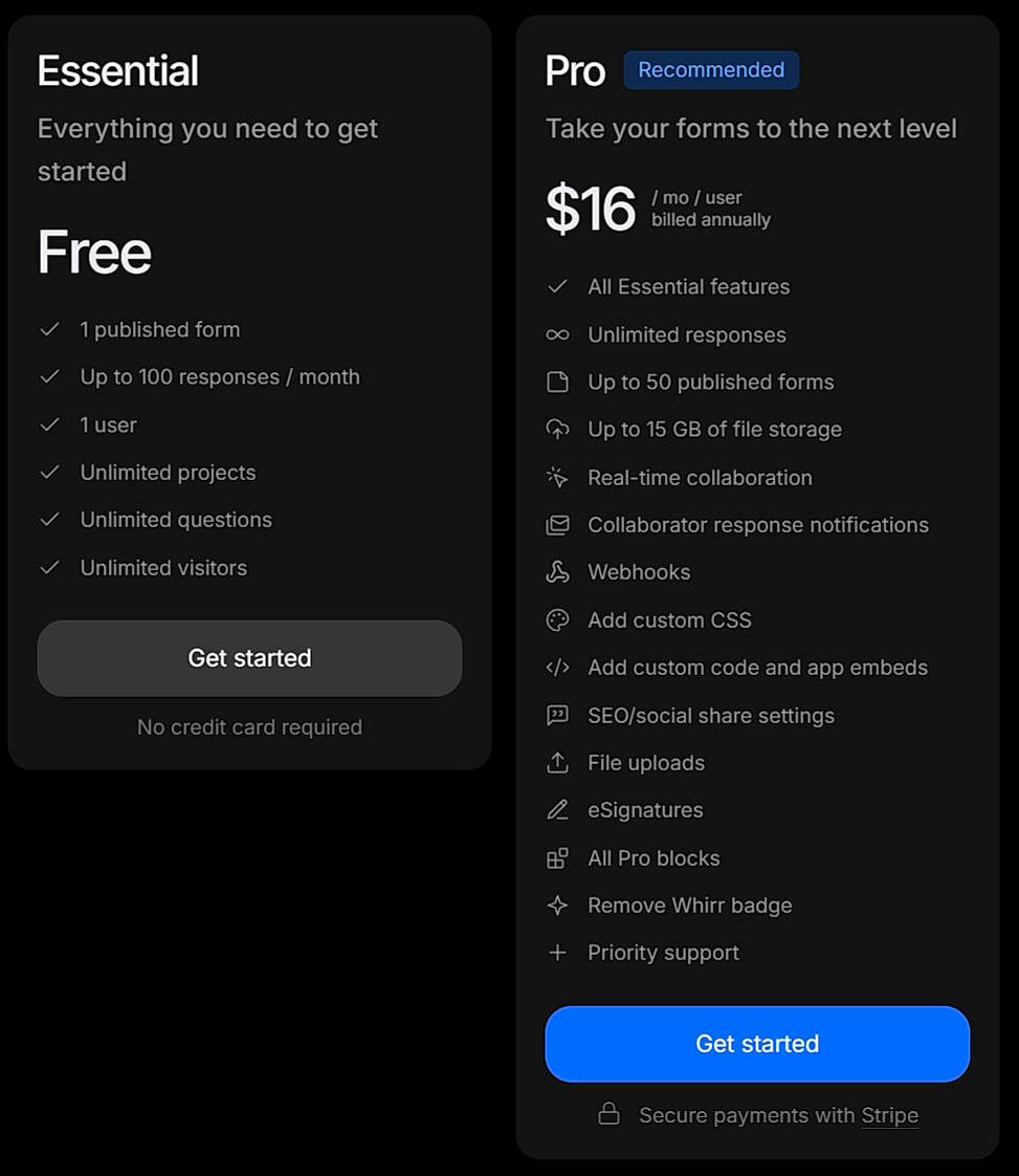 Pricing screenshot
