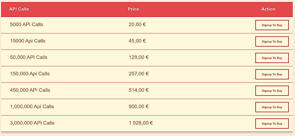Pricing screenshot