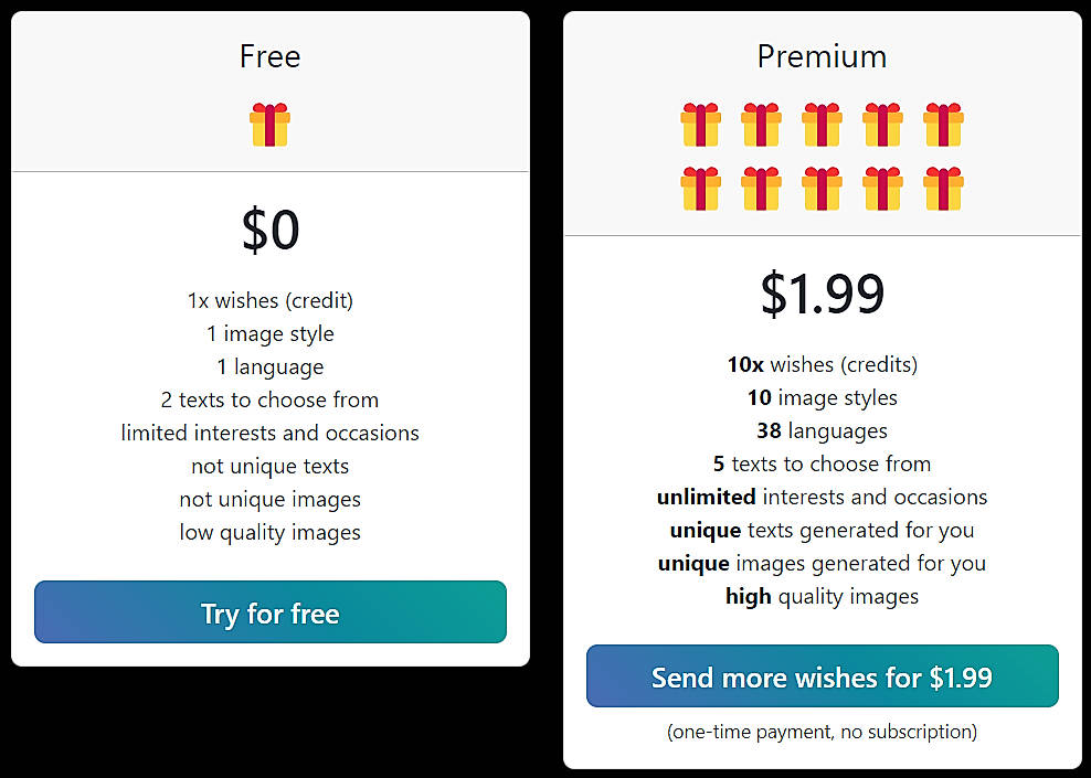 Pricing screenshot