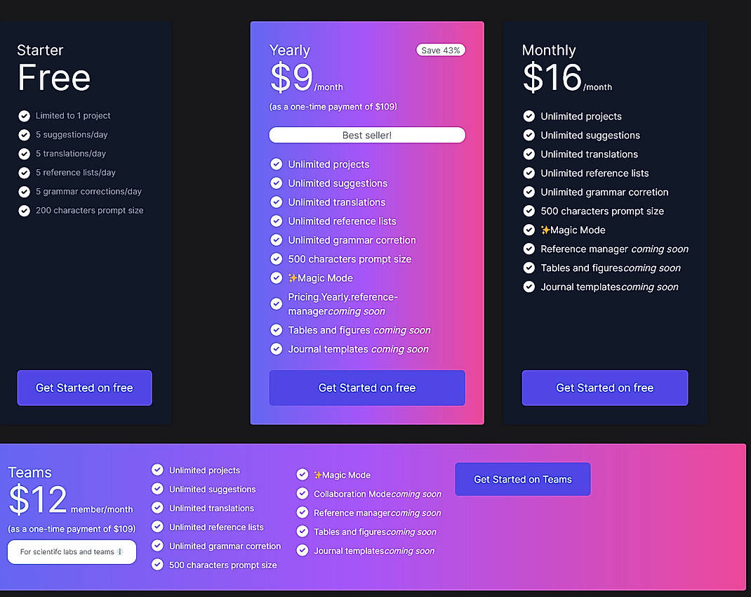 Pricing screenshot