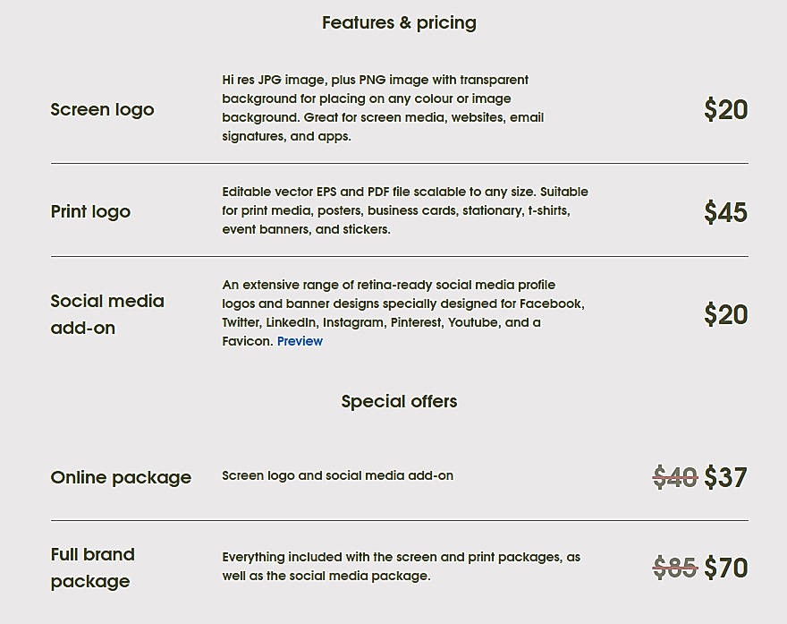 Pricing screenshot