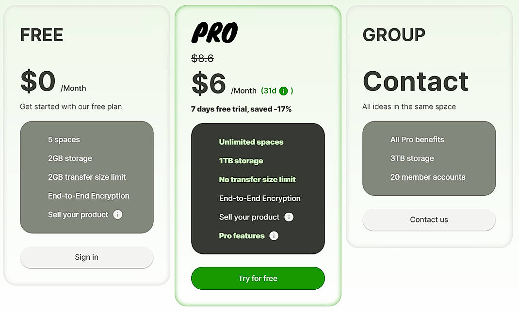 Pricing screenshot
