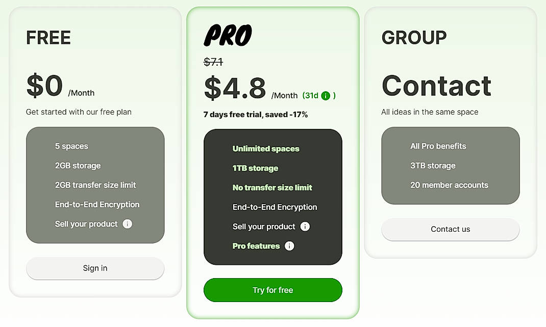 Pricing screenshot