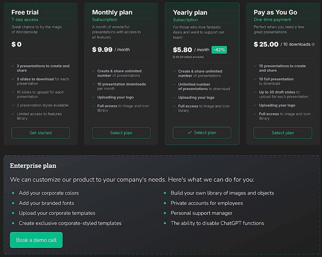 Pricing screenshot
