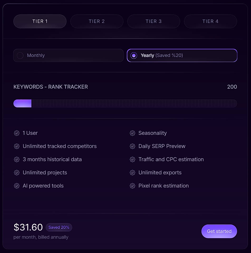 Pricing screenshot
