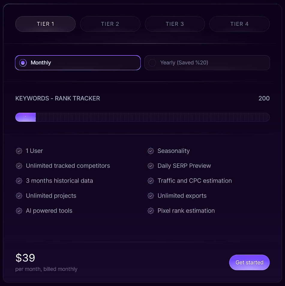 Pricing screenshot