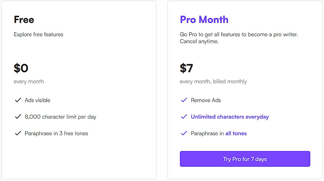 Pricing screenshot