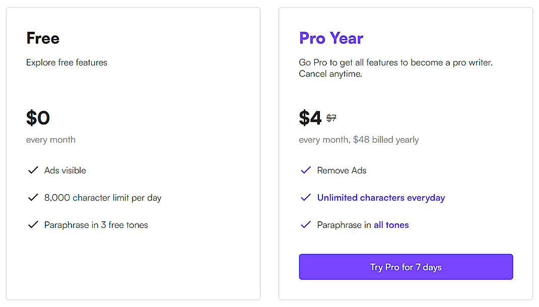 Pricing screenshot
