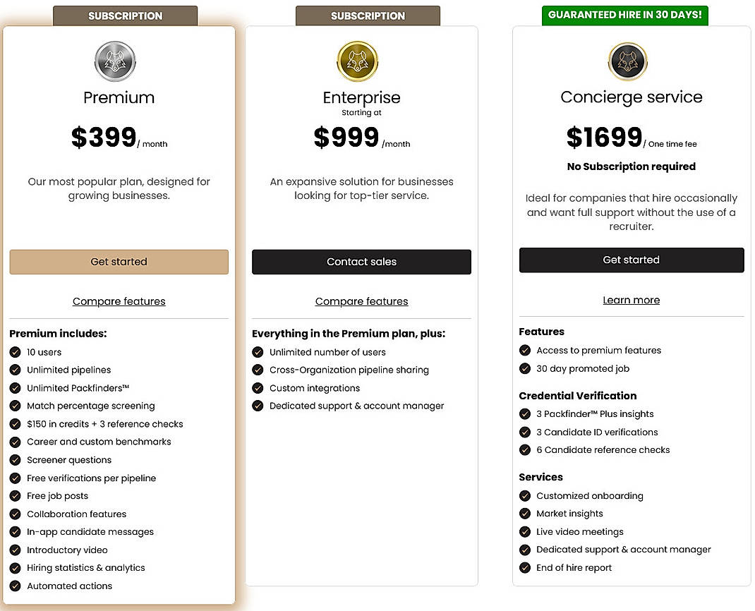 Pricing screenshot