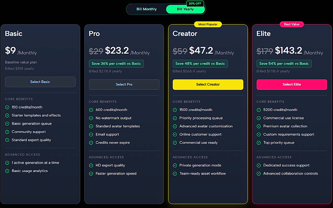 Pricing screenshot