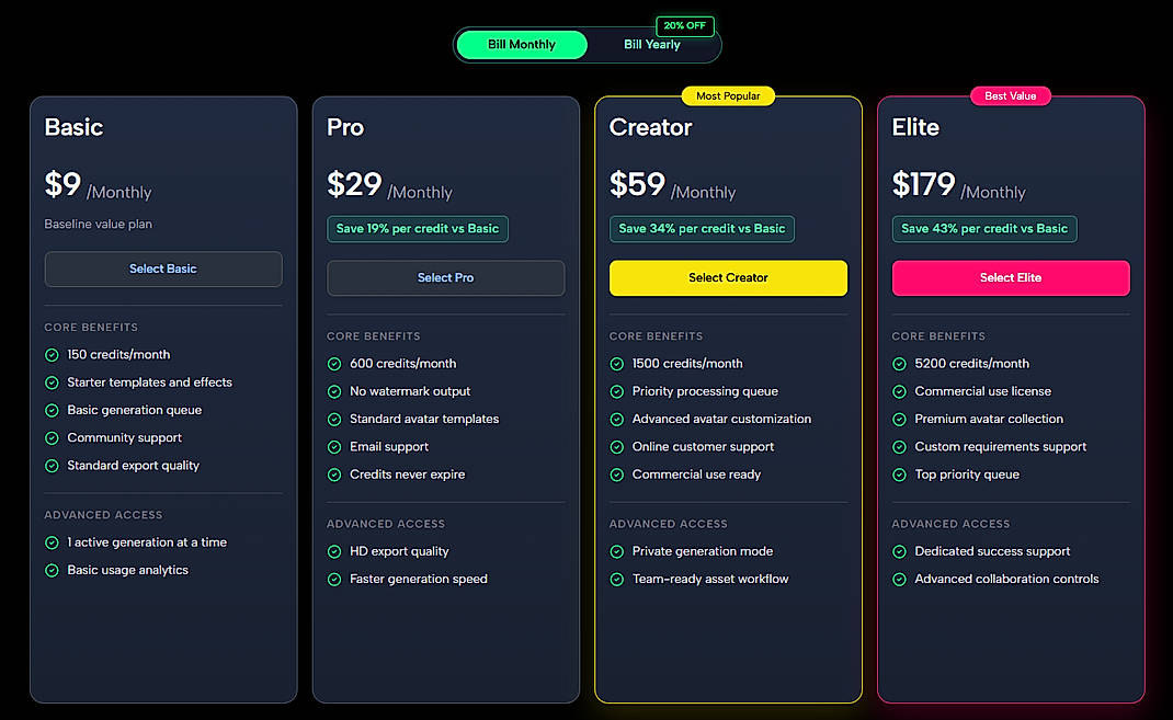 Pricing screenshot