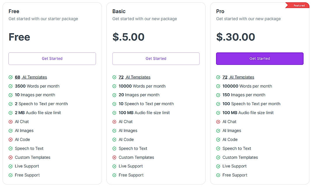 Pricing screenshot