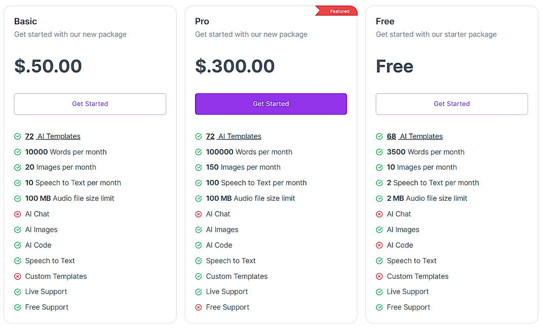 Pricing screenshot