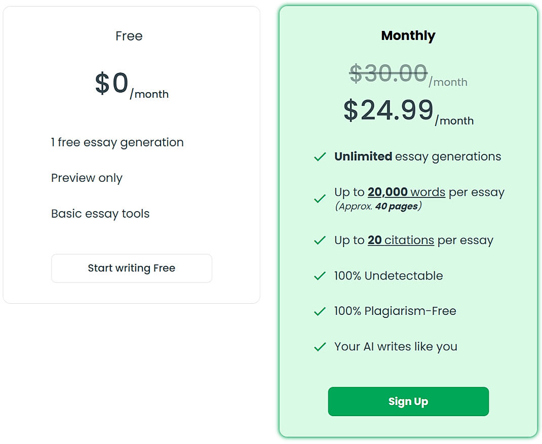 Pricing screenshot