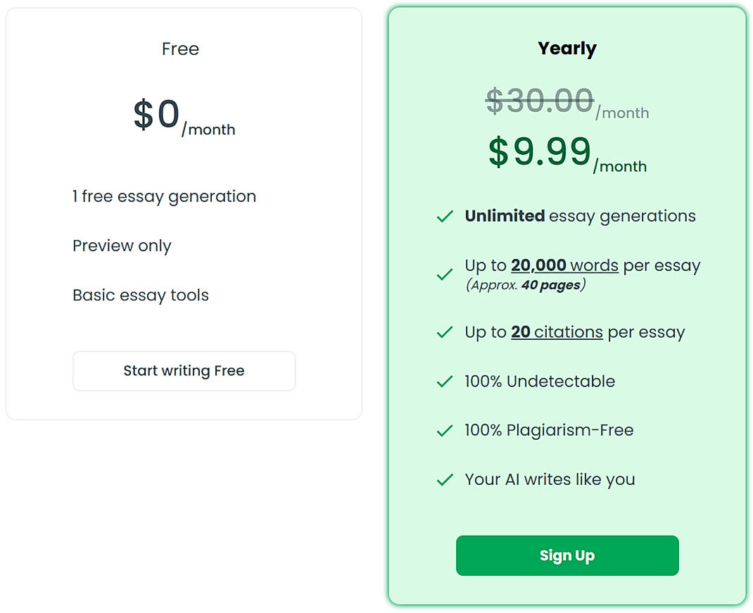 Pricing screenshot